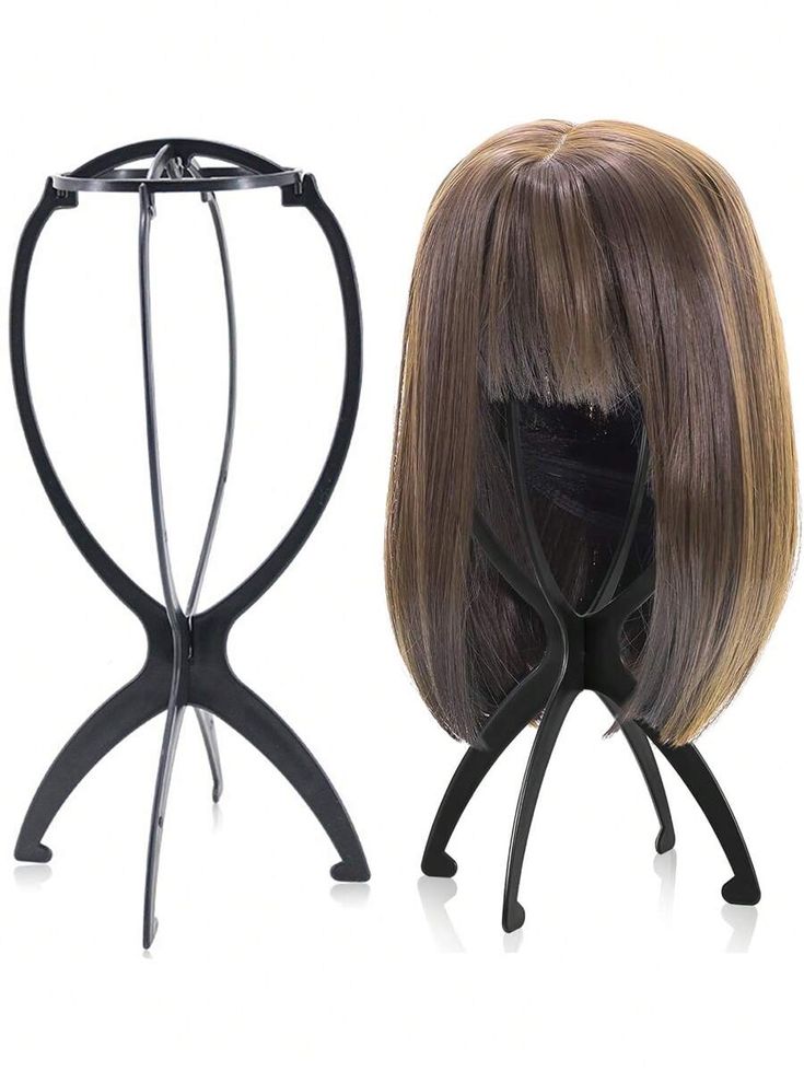 Collapsible branded wig stand in black, lightweight and portable design, ideal for storing, drying, and displaying wigs.